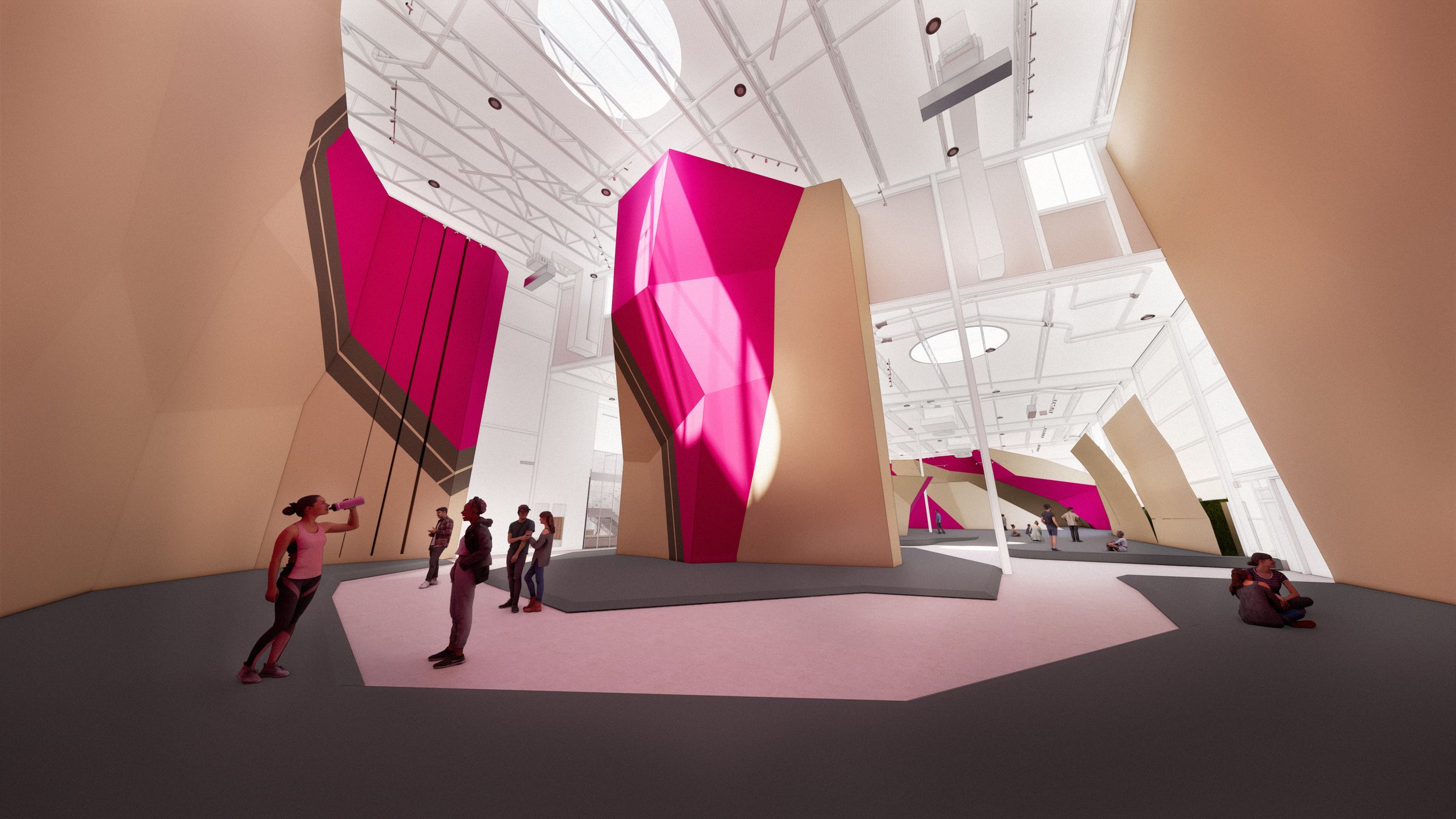 Another skylight sits directly above the tallest climbing volumes, spotlighting the top-out experience and anchoring the center of the gym in natural light.
