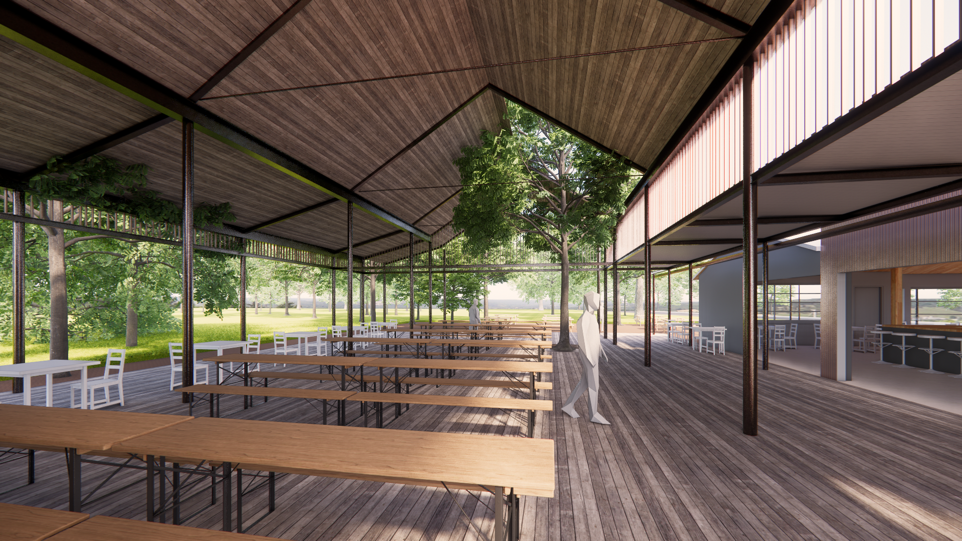 A continuous roof canopy shelters open seating while allowing trees to grow through, reinforcing the sense that the building is woven into the site rather than placed on top of it.