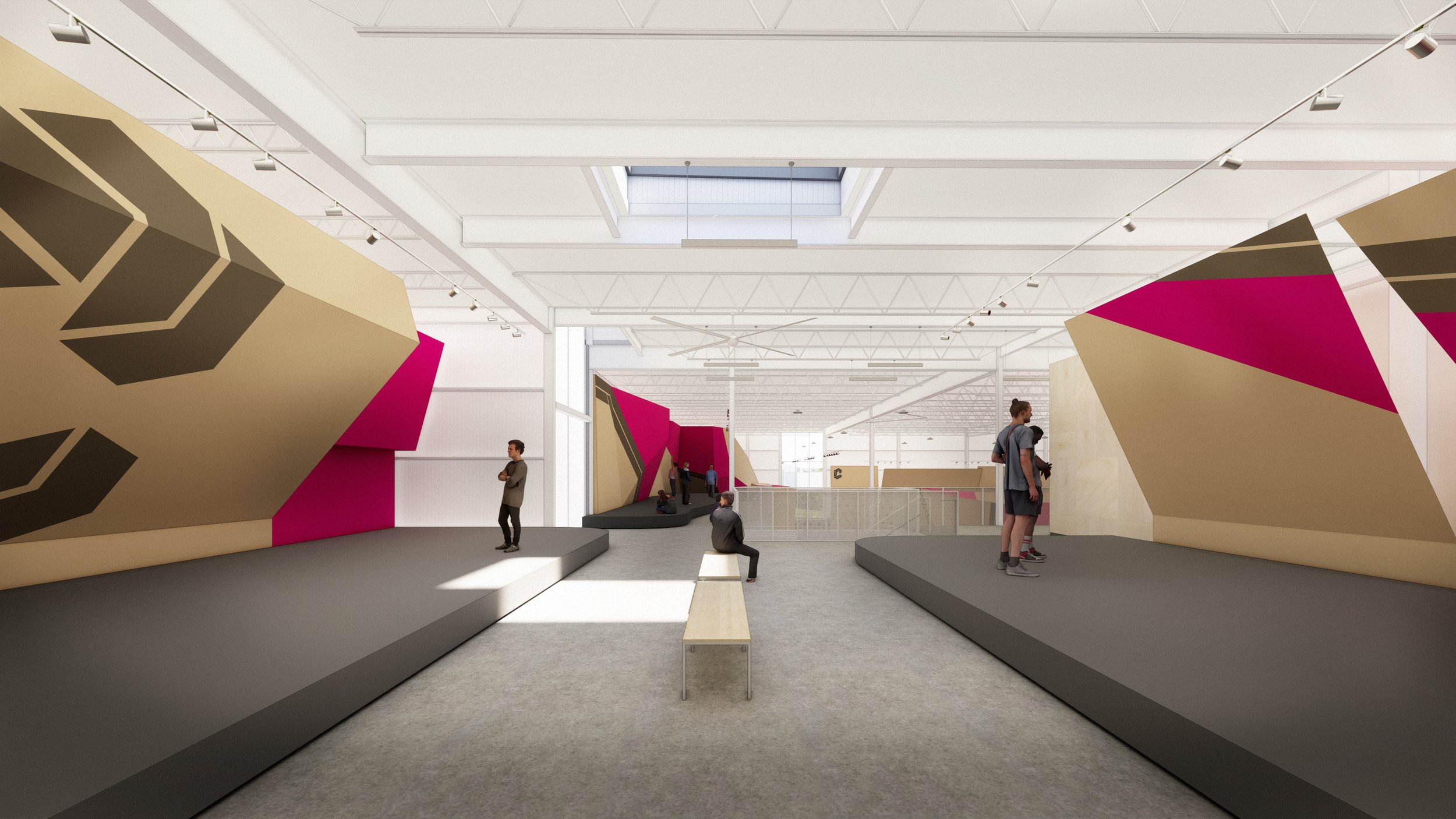 Dedicated to focused progression, the climb training area is tucked into its own mezzanine zone—bathed in daylight and framed by views across the gym.
