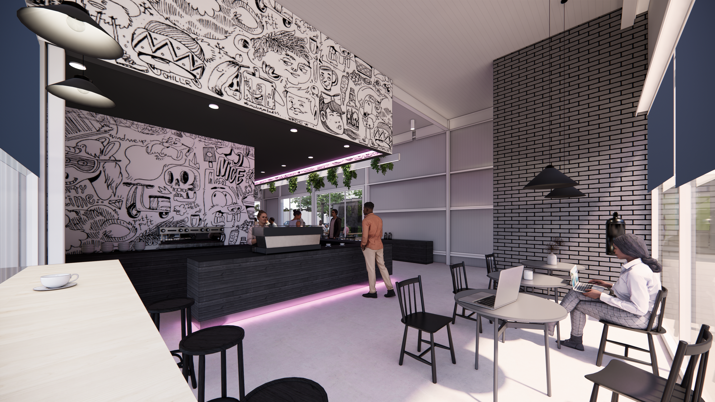 The café interior softens industrial materials with warm textures and deliberate contrast—black brick, matte wood, and filtered light. Varied seating types support both individual focus and small group conversation.