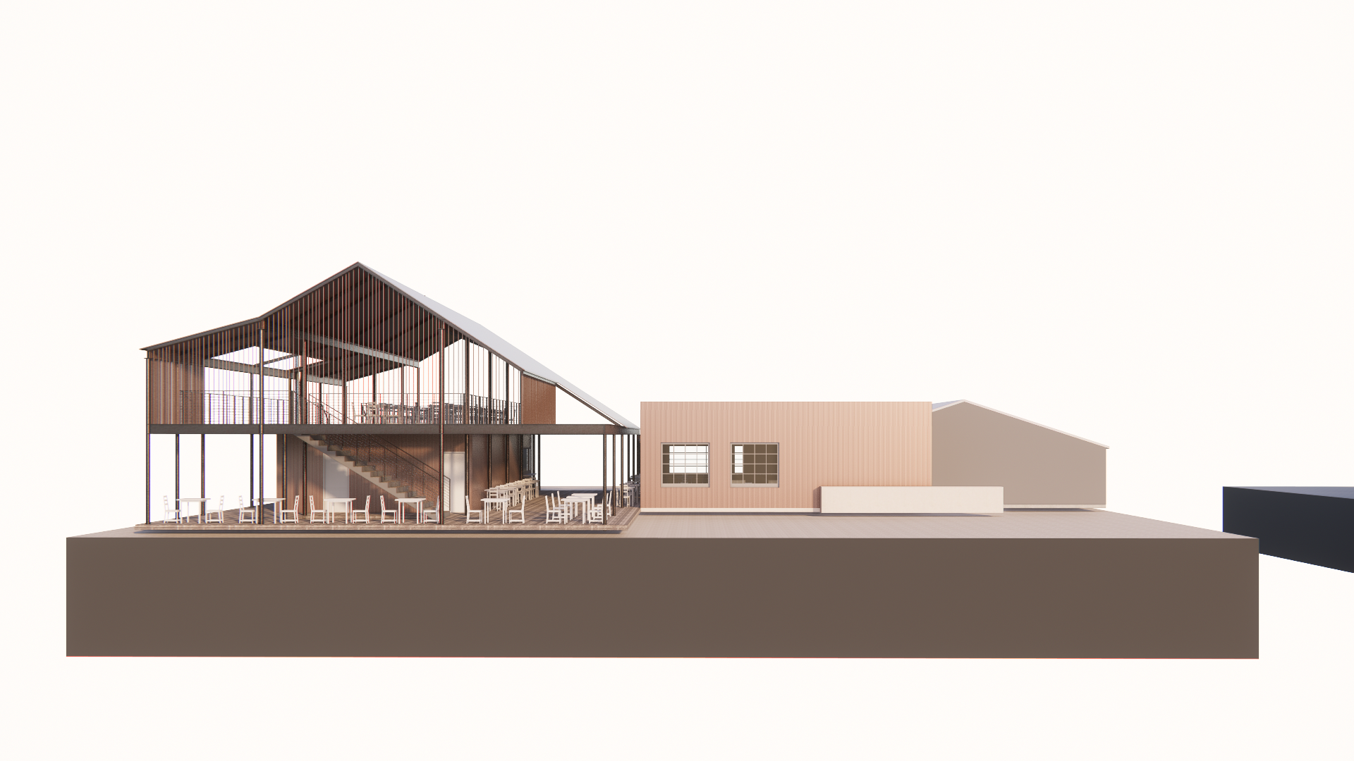 This screen-wrapped volume shows a refined gable form with slatted façades. The sectional study emphasizes the role of filtered light, vertical rhythm, and enclosure—striking a balance between openness and identity.