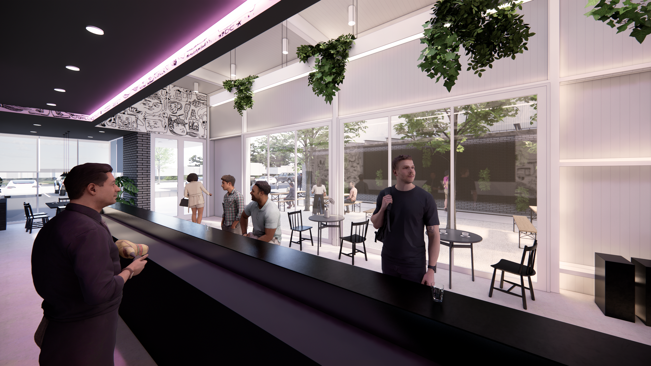 From behind the bar, full-height windows offer constant connection to the courtyard beyond. The space blurs indoor and outdoor activity, reflecting the rhythm of café culture and climber traffic alike.
