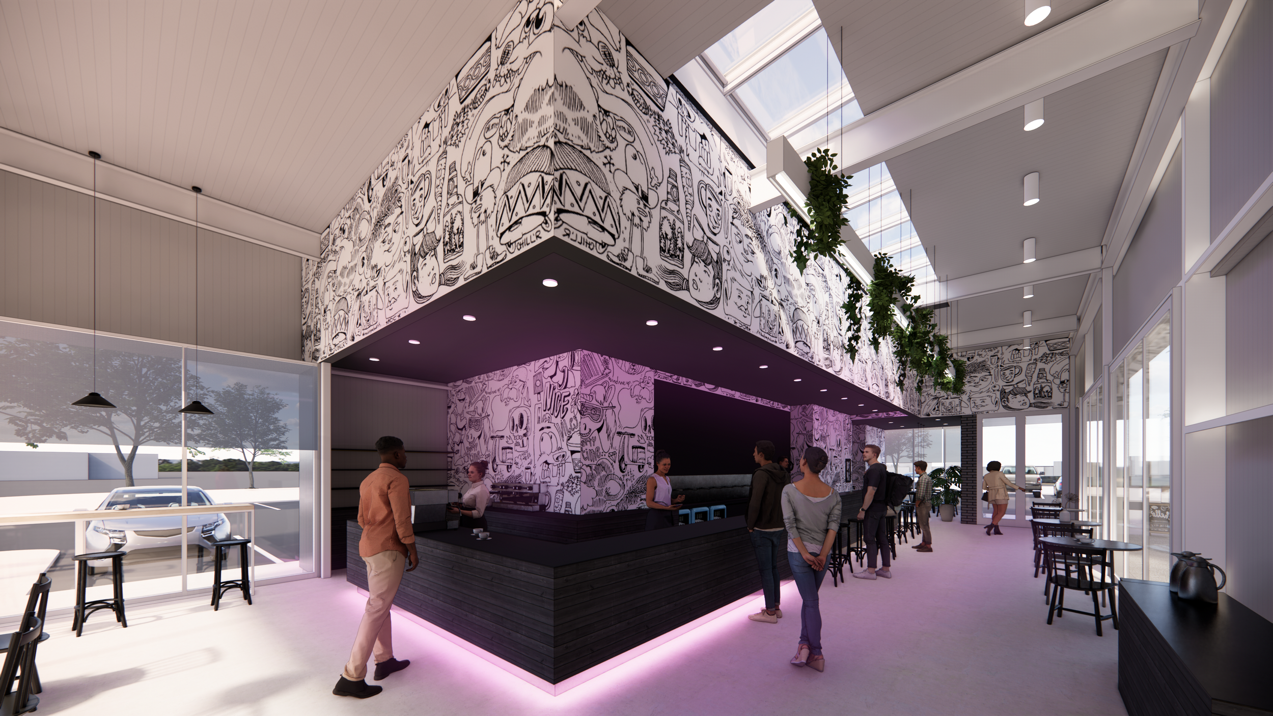 Inside, a striking black volume clad in custom illustration defines the bar and sets a playful tone. Skylights overhead and tall glazing on two sides bring daylight deep into the space, balancing intimacy with openness.