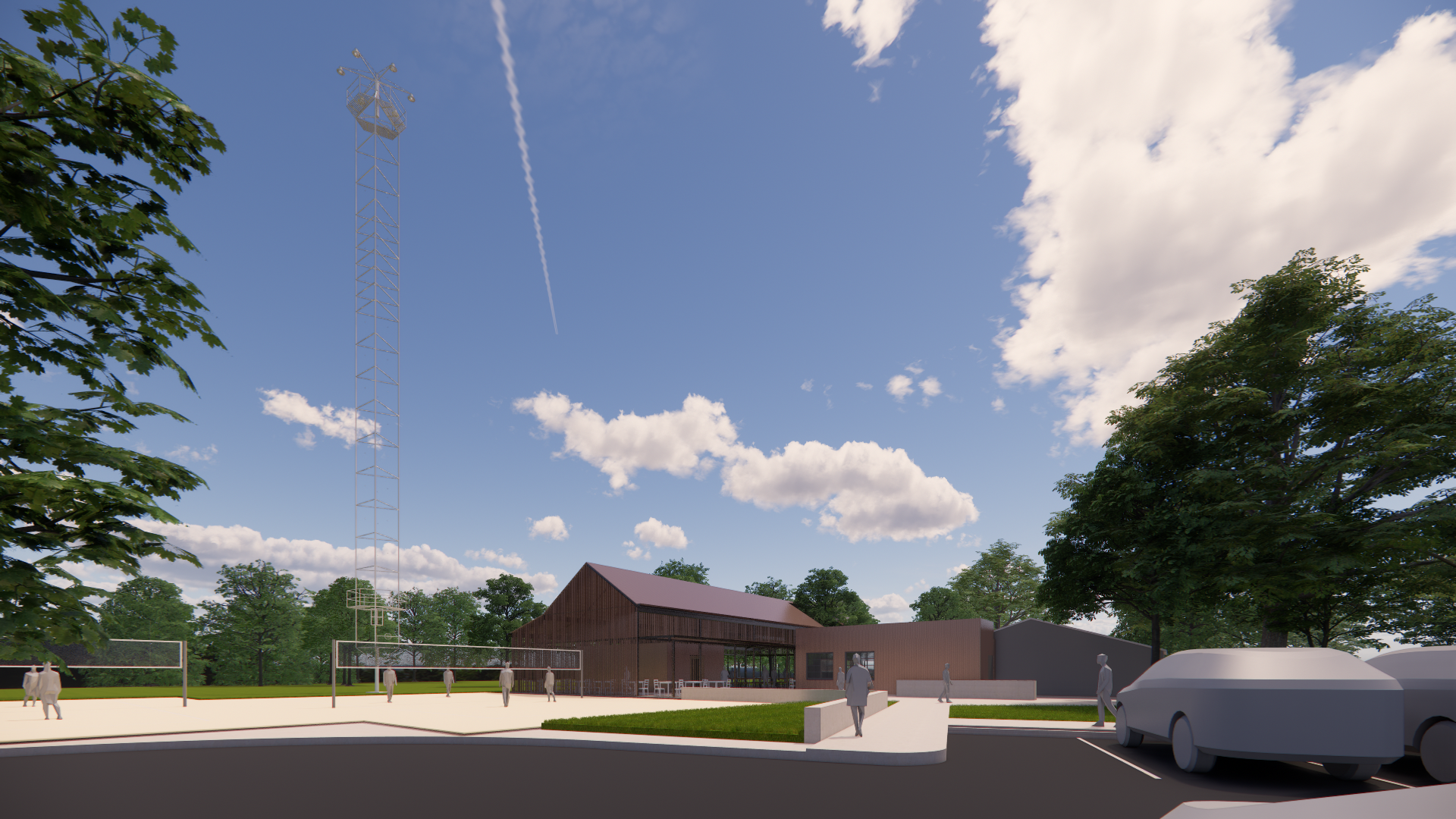 View from the street-side parking captures the layered outdoor program: sand volleyball, shaded patios, and a welcoming front porch entry sequence.