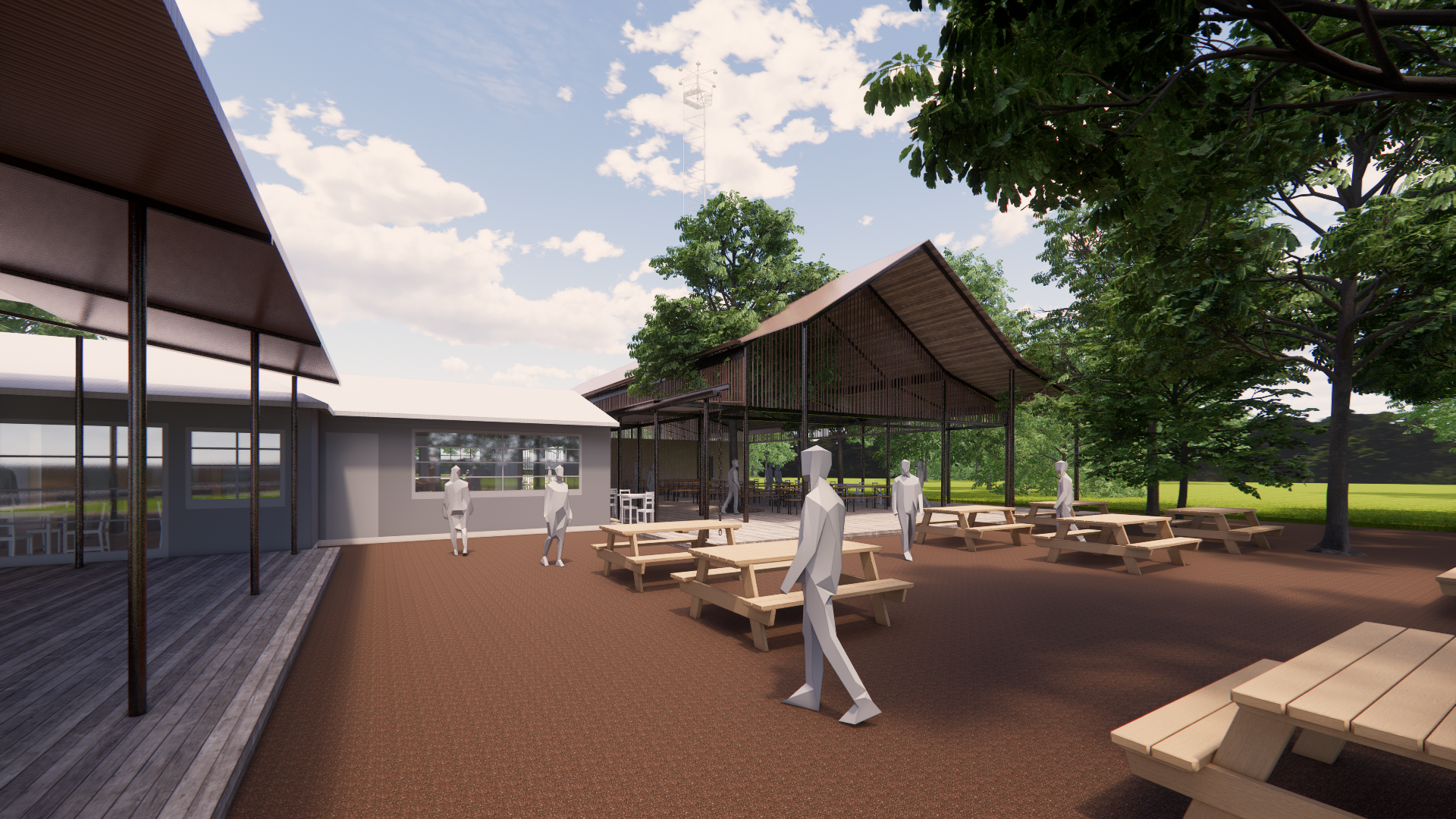 The dance hall is situated between the existing buildings and the tree-lined patio. Views from this angle reveal the building’s transparency and how it extends the original Moontower campus.