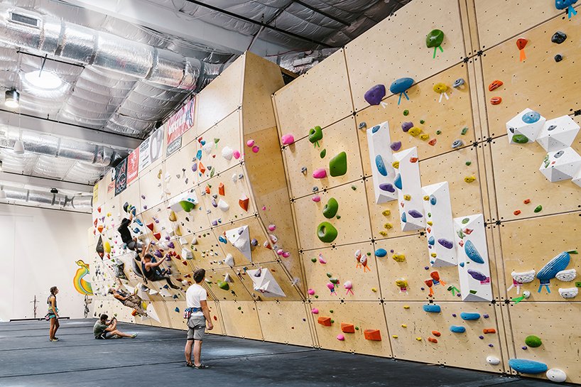 Climbers study their routes on the sun streaked Future Wall