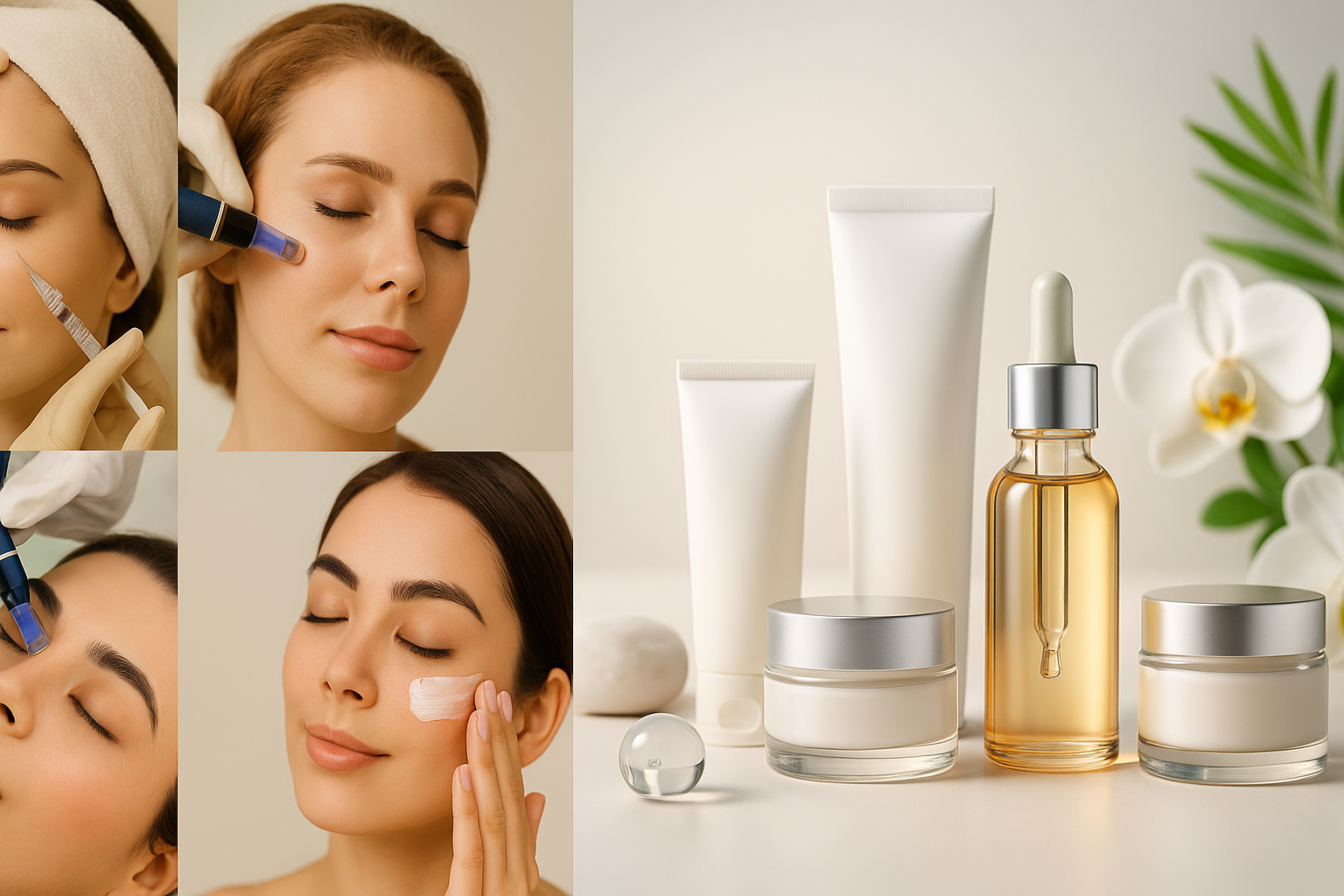Collage featuring aesthetic treatments and medical-grade skincare products, representing the comprehensive skin health approach at Valere