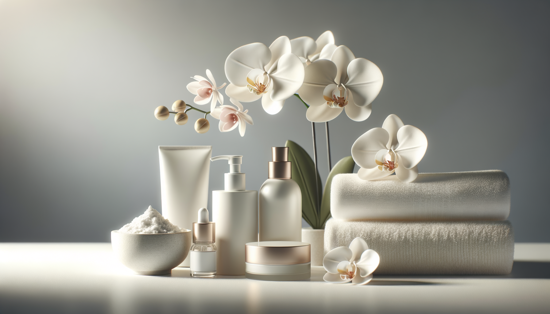 Elegant arrangement of luxury skincare products and orchids, reflecting Valere Medical Aesthetics’ calming, professional atmosphere”