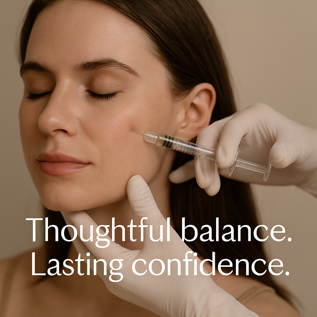 A woman receiving a cosmetic dermal filler injection in her cheek from a medical professional such as those she would find at Valere Medical Aesthetics. She has closed eyes and a relaxed expression.