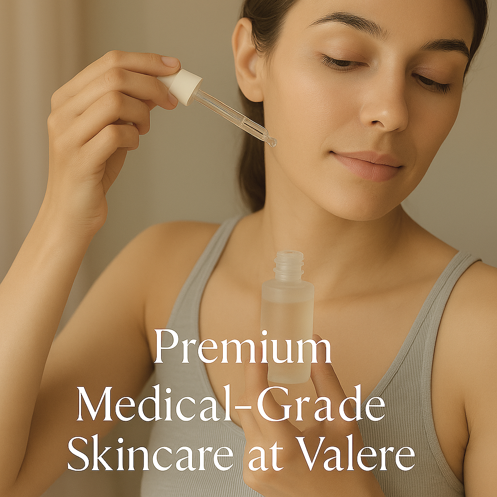 Woman applying serum to her face as part of a professional skincare routine supported by Valere Medical Aesthetics. The text on the image reads 'Premium Medical-Grade Skincare at Valere.'
