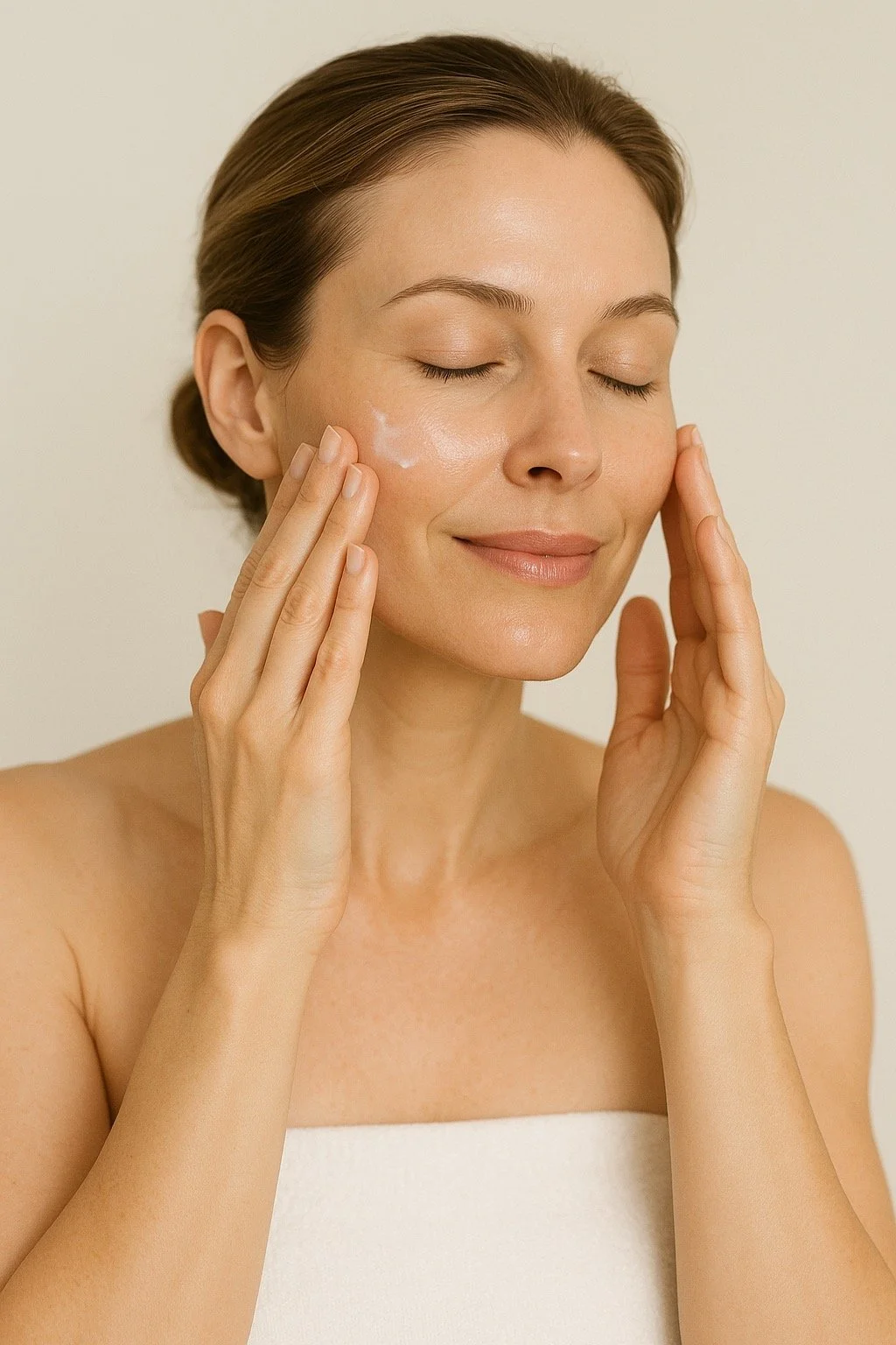 Woman applying moisturizer or skincare product to her face with a gentle, relaxed expression.