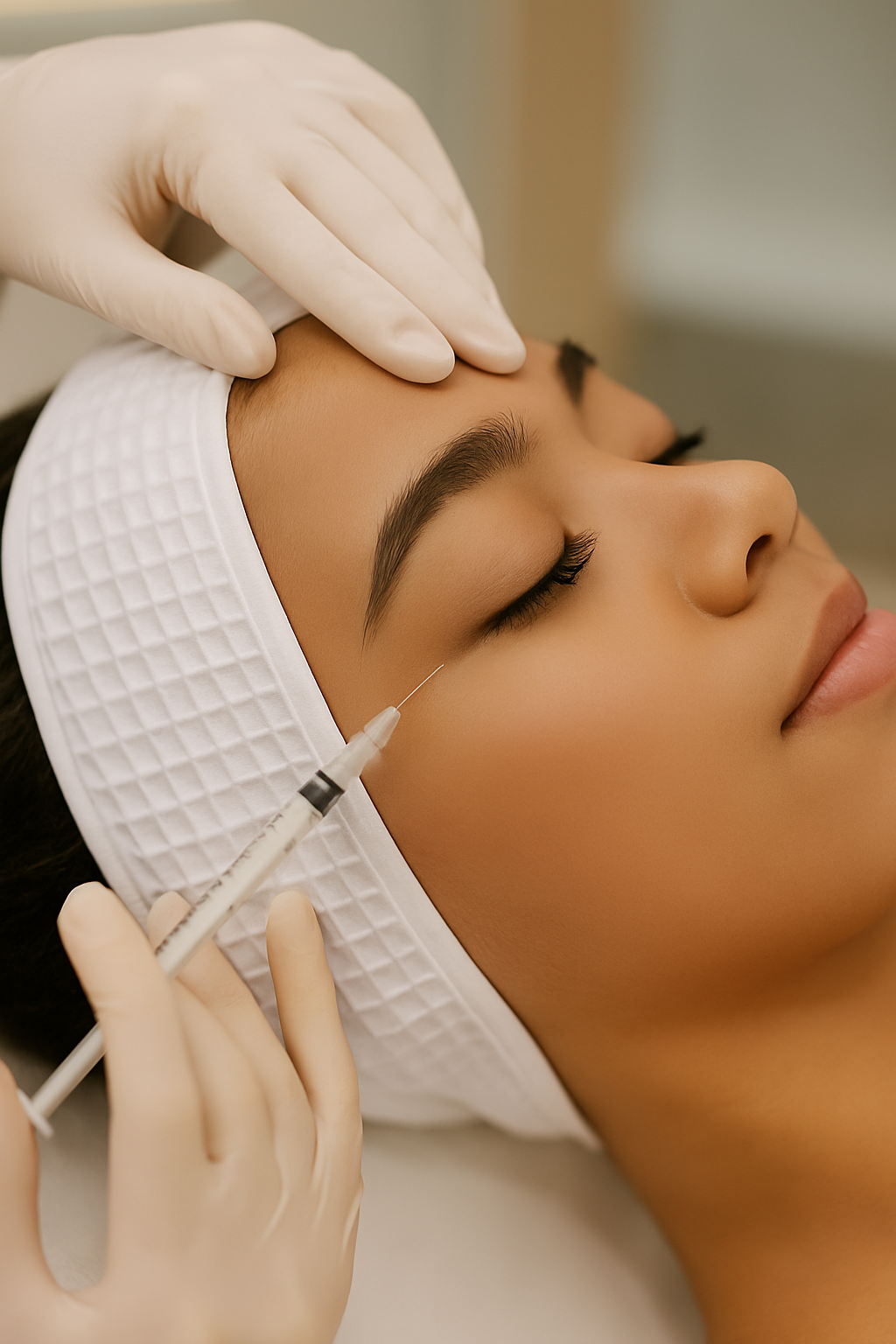 Woman receiving Botox injection in clinical setting, representing neuromodulator treatments at Valere Medical Aesthetics