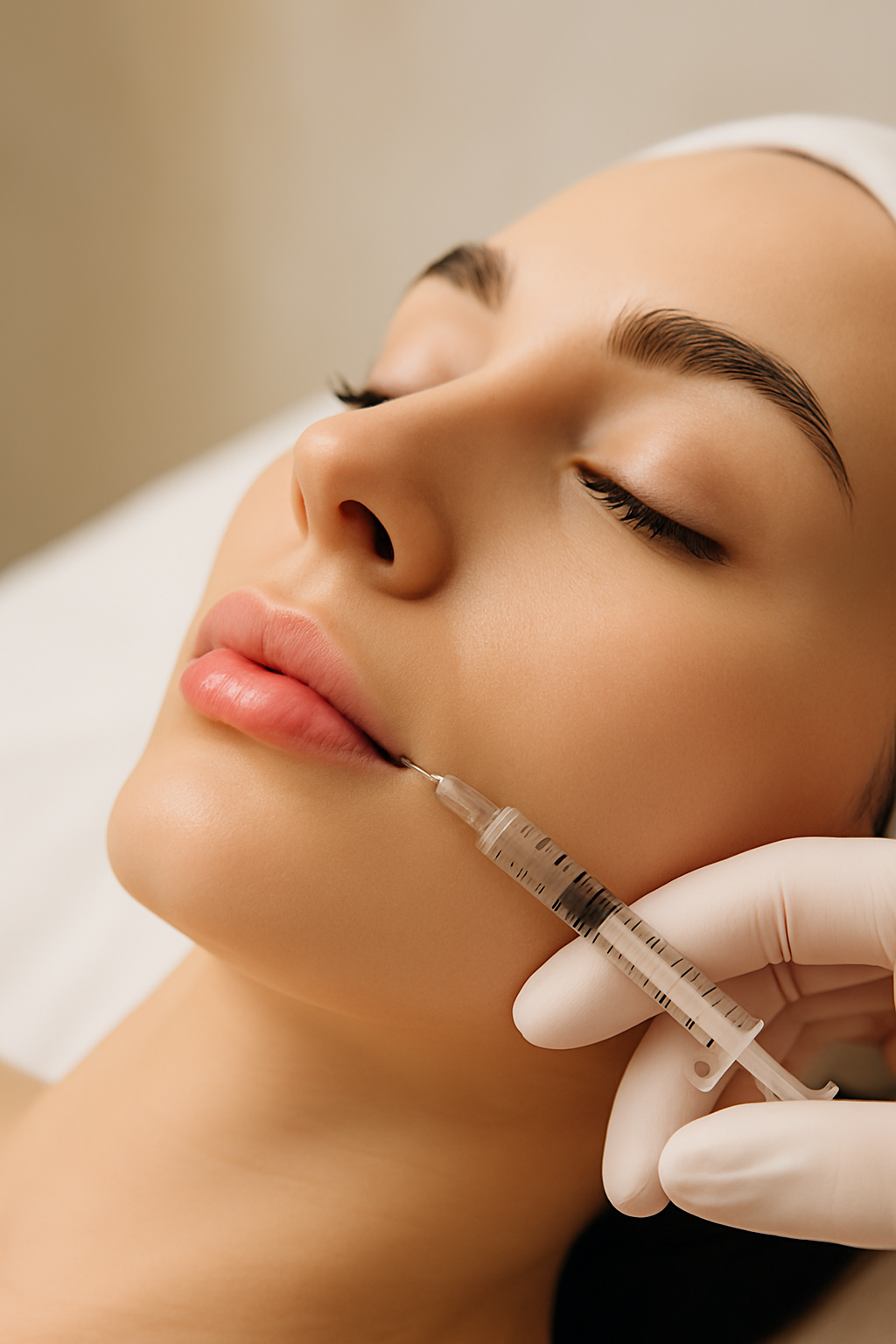 Woman receiving lip filler injection in a clinical setting, representing dermal filler treatments at Valere Medical Aesthetics