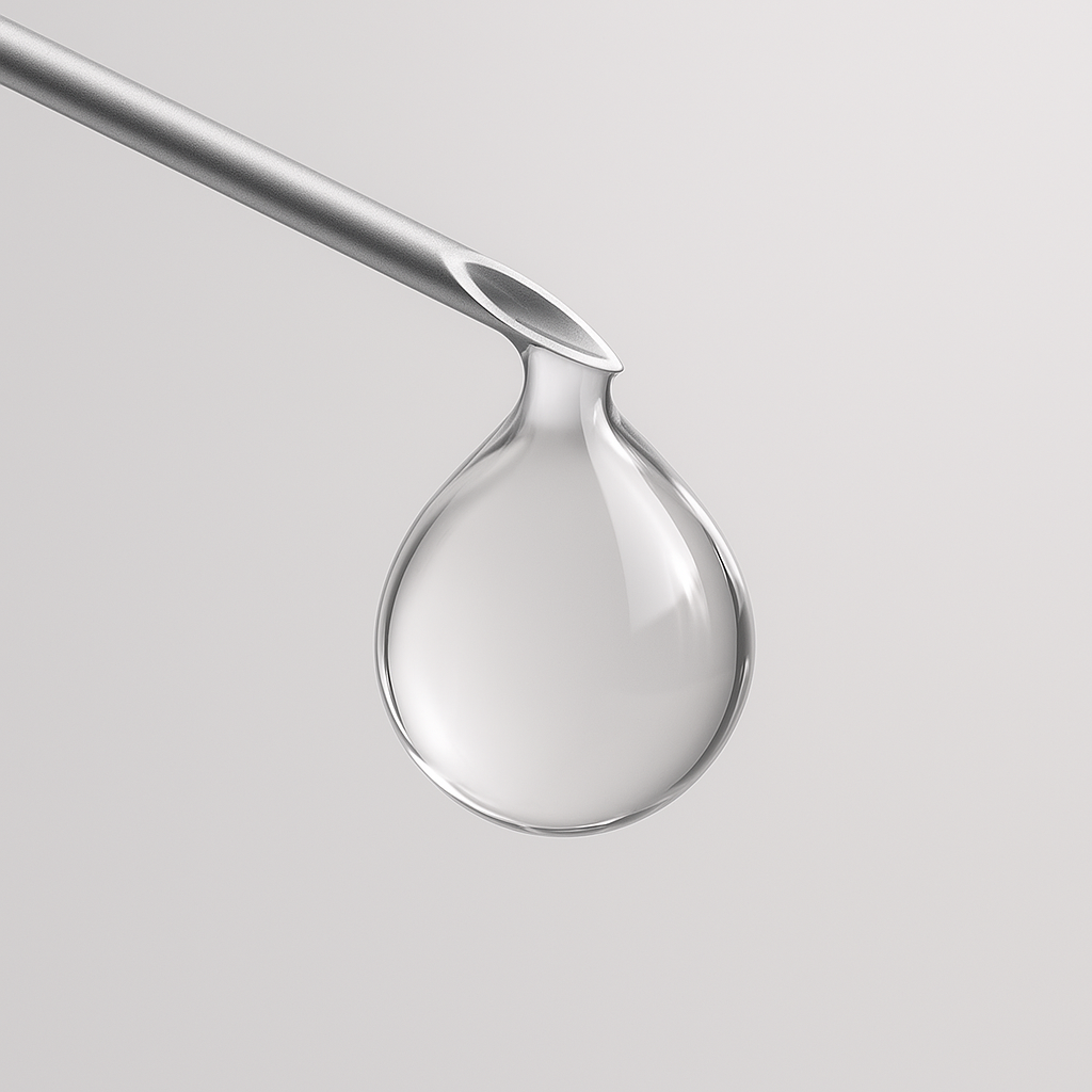 Sterile needle with a droplet at the tip, representing intramuscular wellness injections offered at Valere Medical Aesthetics.