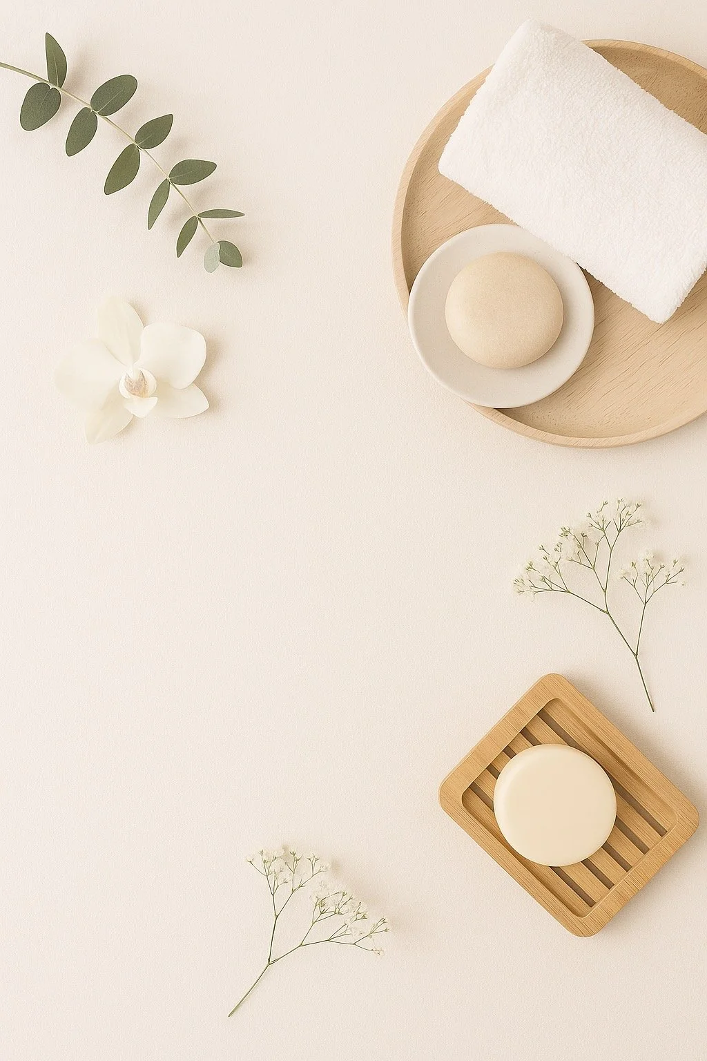Spa setting items with a round soap, a white orchid flower, green leaves, and delicate sprigs of baby's breath arranged on a light background to represent the calming environment at Valere
