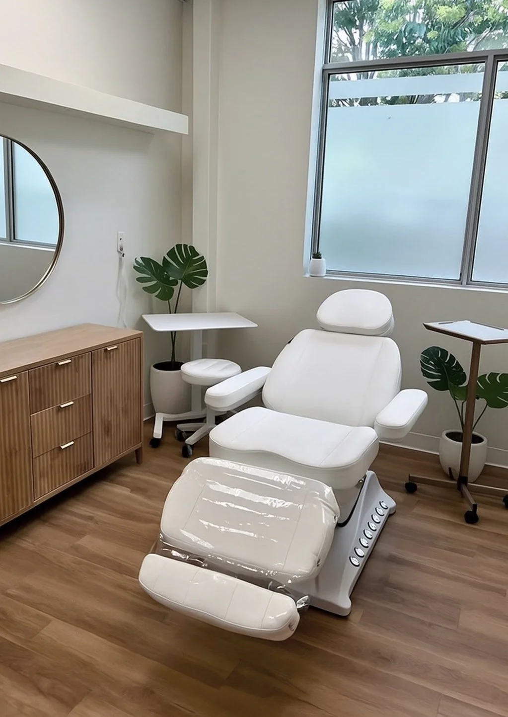 Modern medical or aesthetic treatment room at Valere with a white reclining chair, wooden cabinet, potted plants, and large window with frosted glass panels.