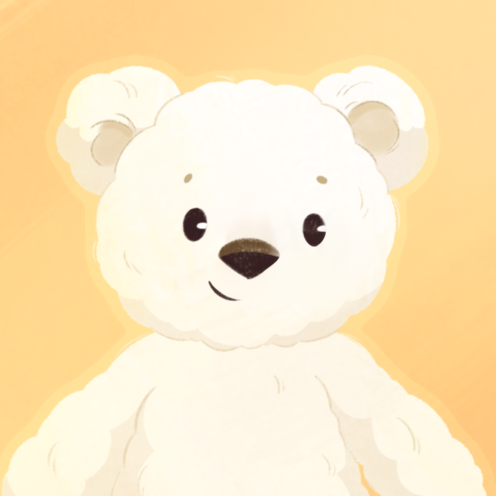 Illustration of a cute, fluffy white bear with dark eyes, a dark nose, and a small smile, set against a yellow background.