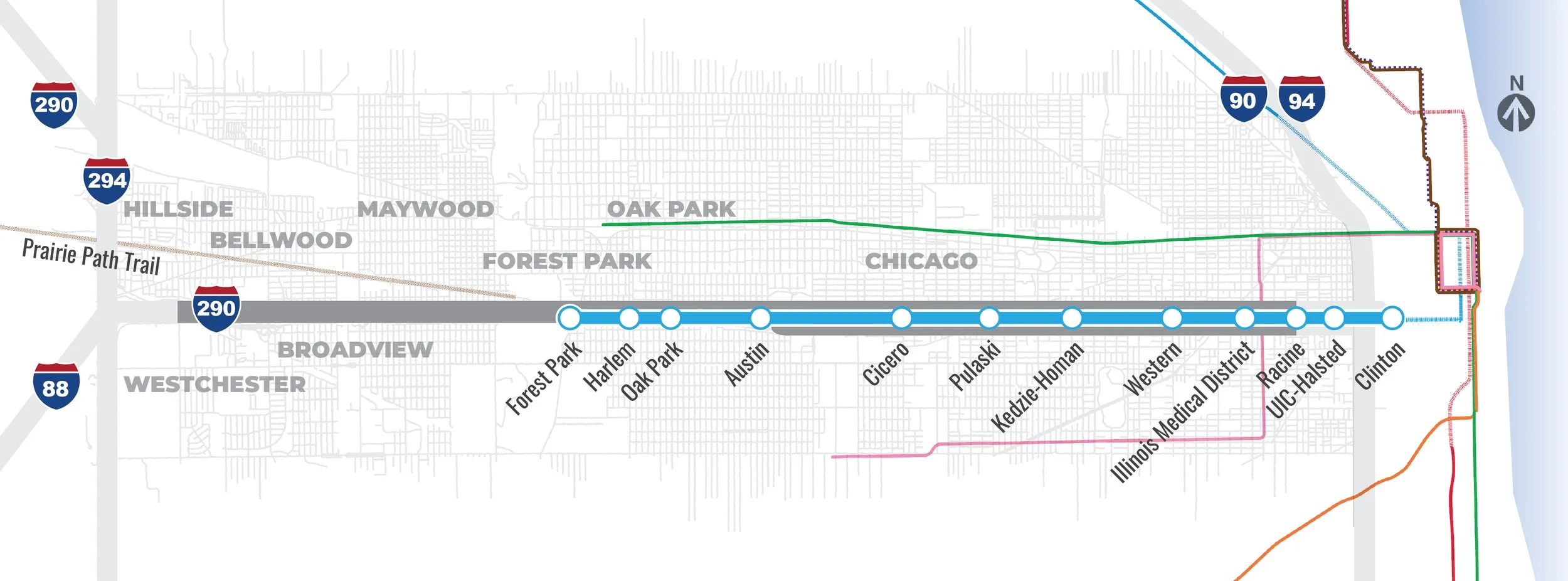 A map of the Connect Program corridor, which traverses through several communities and connects to the greater regional transportation network.