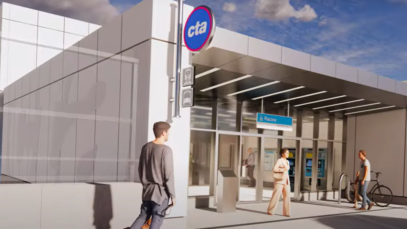 In this 3-dimensional illustrated rendering, CTA users walk in and out of Racine Station.