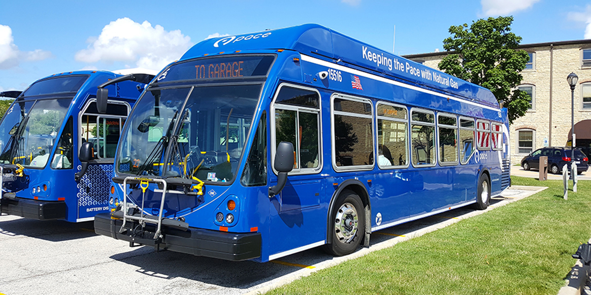 Row of Pace Suburban Buses parked in a bus yard