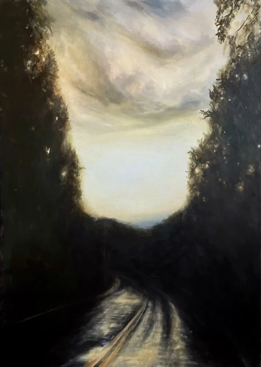Oil painting of a dark, winding road surrounded by trees, leading toward a bright, cloudy sky at sunset or sunrise.