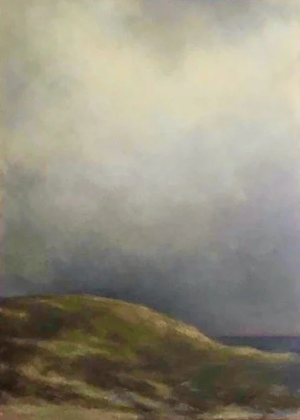 A landscape painting of rolling hills under a cloudy sky