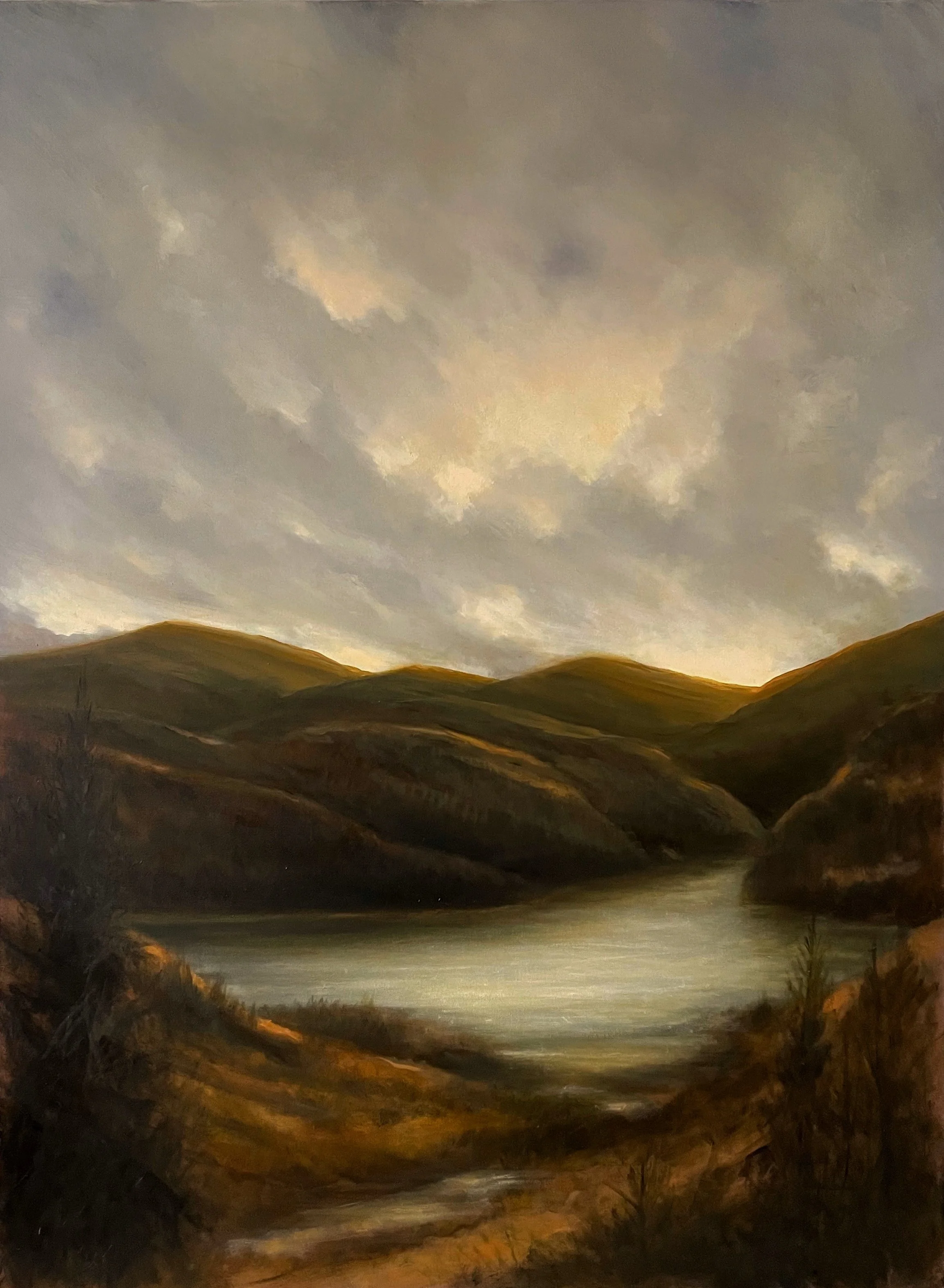 A landscape painting depicting rolling green hills with a river flowing through the valley, under a cloudy sky.