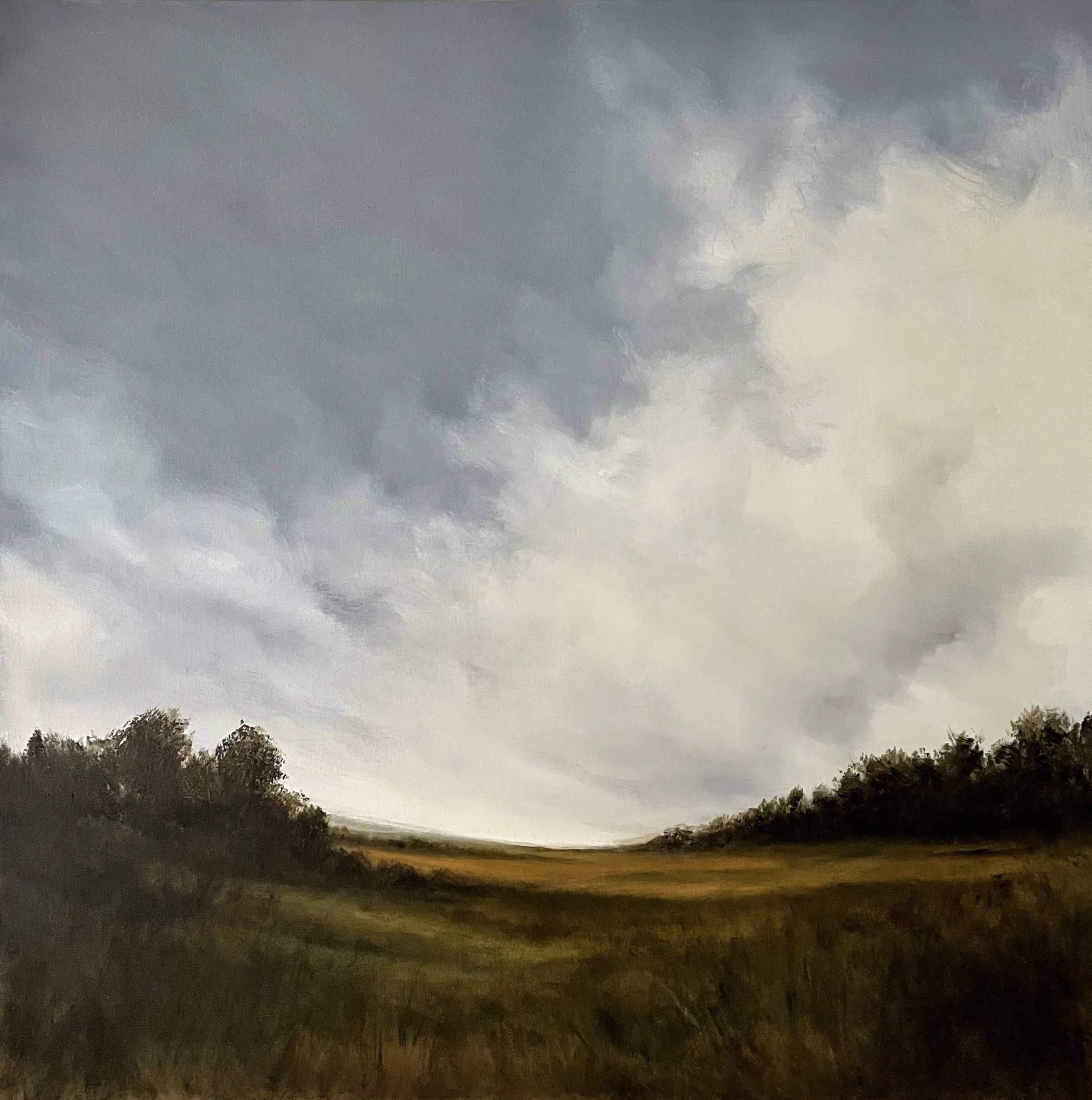 A landscape painting of a grassy field with dark trees on either side and cloudy sky overhead.