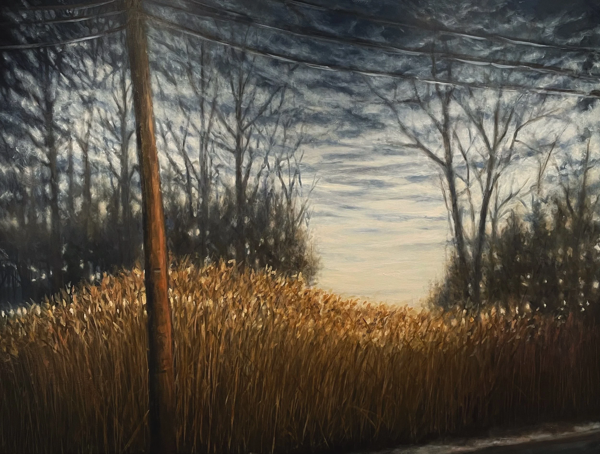 Painting of a rural landscape with tall grass in the foreground, leafless trees in the middle ground, and a cloudy sky in the background.