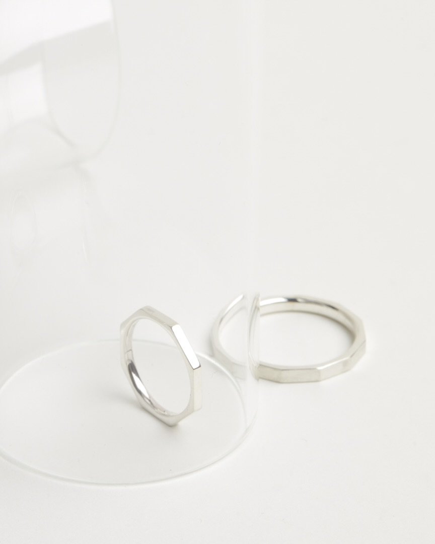 Two designs. One idea. 
Minimal, graphic, and quietly bold &mdash; these silver rings are part of my Polygon family, exploring clear lines and subtle geometry. NO.8 and NO.12 refer to the number of corners shaping each ring &mdash; a simple system th