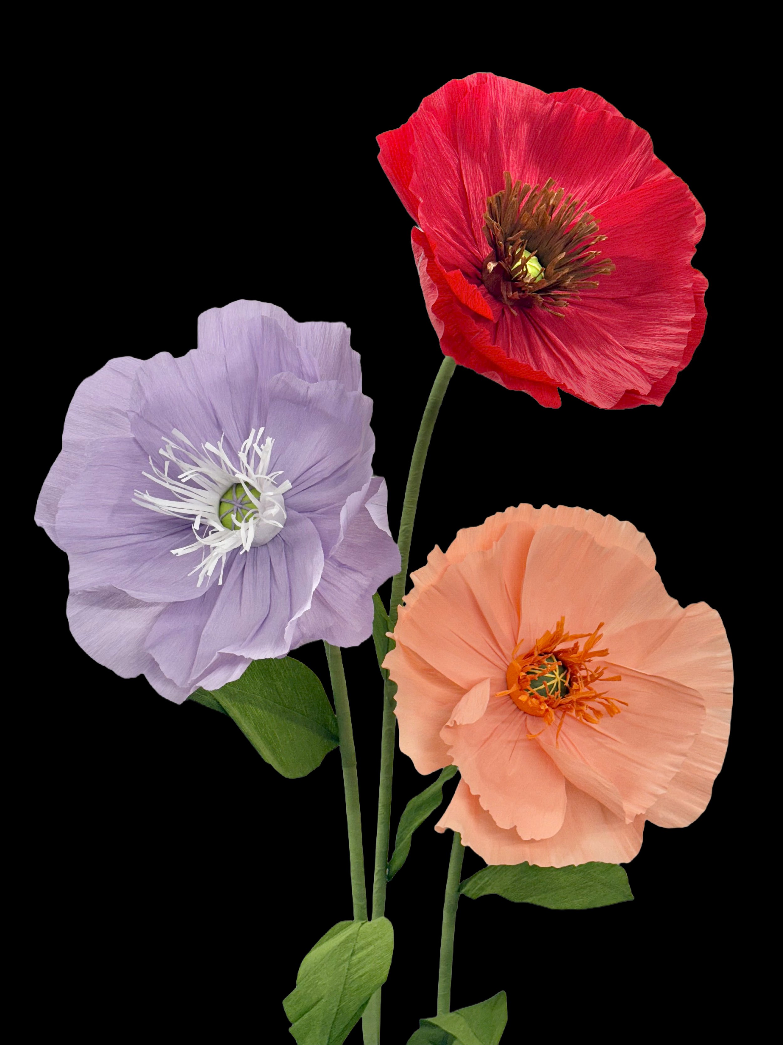 Large handcrafted pink and blush peony flowers on stems with a base, styled for wedding or event decor