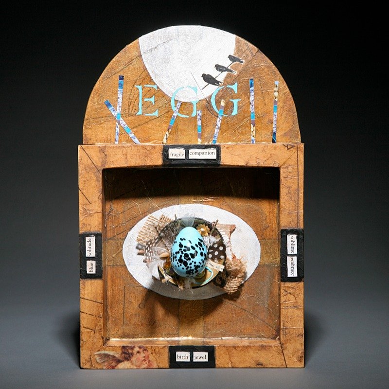 Egg is the featured art for the month of March in my 2026 calendar.

Eggs, nests, and birds are a recurring theme in my art, and in this piece, I used refrigerator magnets to conjure up four different two-word poems about the lovely blue glass egg at