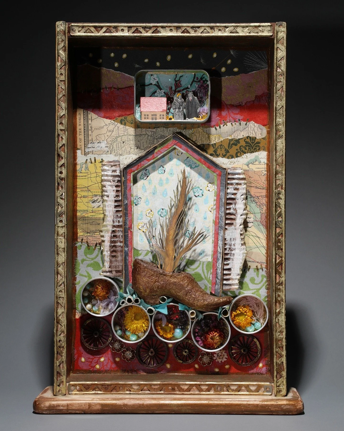 We Wore Our Roots in Our Shoes
20&rdquo;h x 12&rdquo;w x 4&rdquo;d

This piece feels fitting to share on this Thanksgiving Day as it celebrates how immigrants like my maternal grandparents stitched together lives from nearly nothing and sowed seeds o