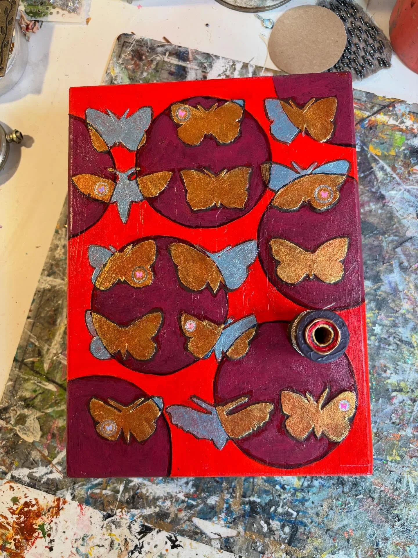 Things We Do in the Dark is my newest assemblage. This one&rsquo;s about the kind of deep sensual transformation work that takes time and requires the privacy and seclusion of darkness.

Also&hellip;giant polka dots! Butterflies! 🦋 Deep plummy purpl