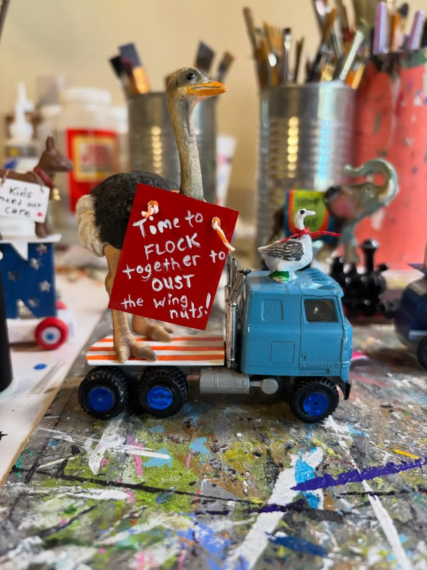 Getting closer to ready for assembling all the elements of the animal protest parade! Everyone&rsquo;s got their signs - now to make some colorful pennant strings for the parade route!
And not a minute too soon - the wingnuts have gone full loco - am