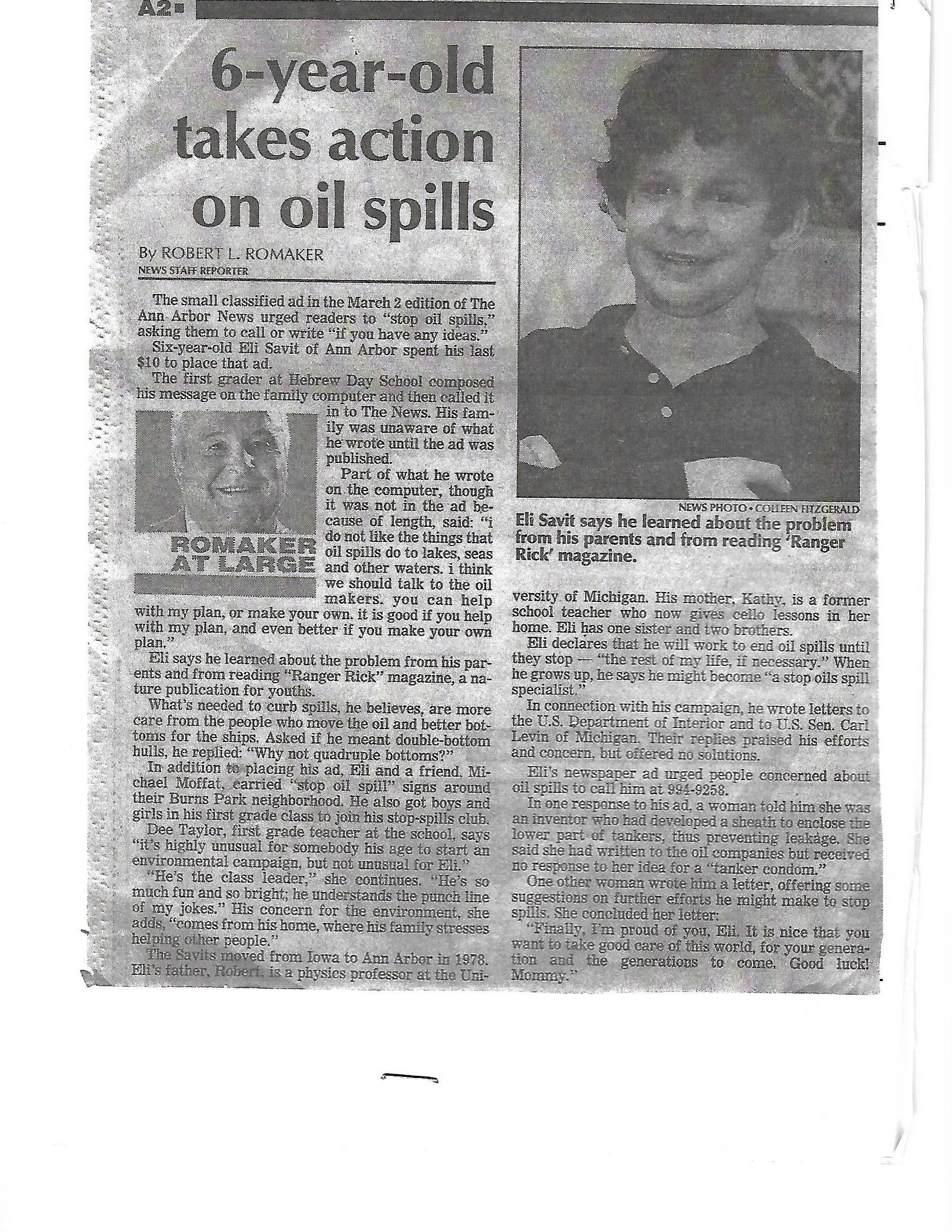 Newspaper article about Eli's campaign against oil spills as a 6-year-old, featuring a photo of Eli and mentioning his efforts to raise awareness.