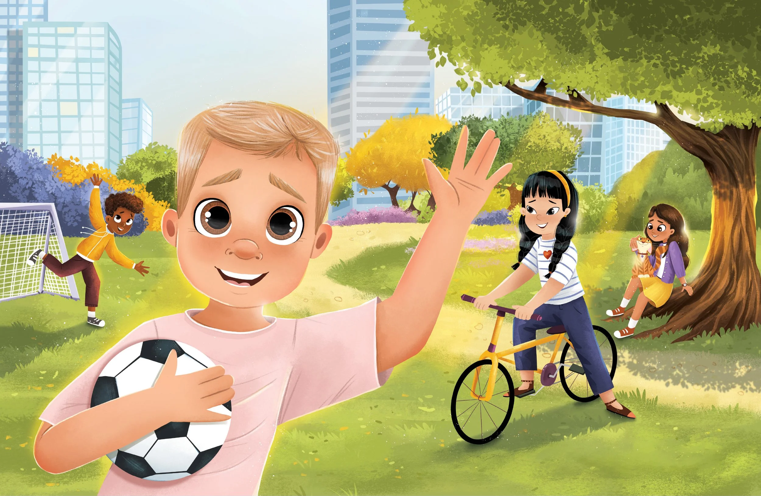 Children playing in a park with trees and buildings in the background, one girl holding a soccer ball, another girl riding a bike, a boy playing soccer, and a girl sitting under a tree with a cat.