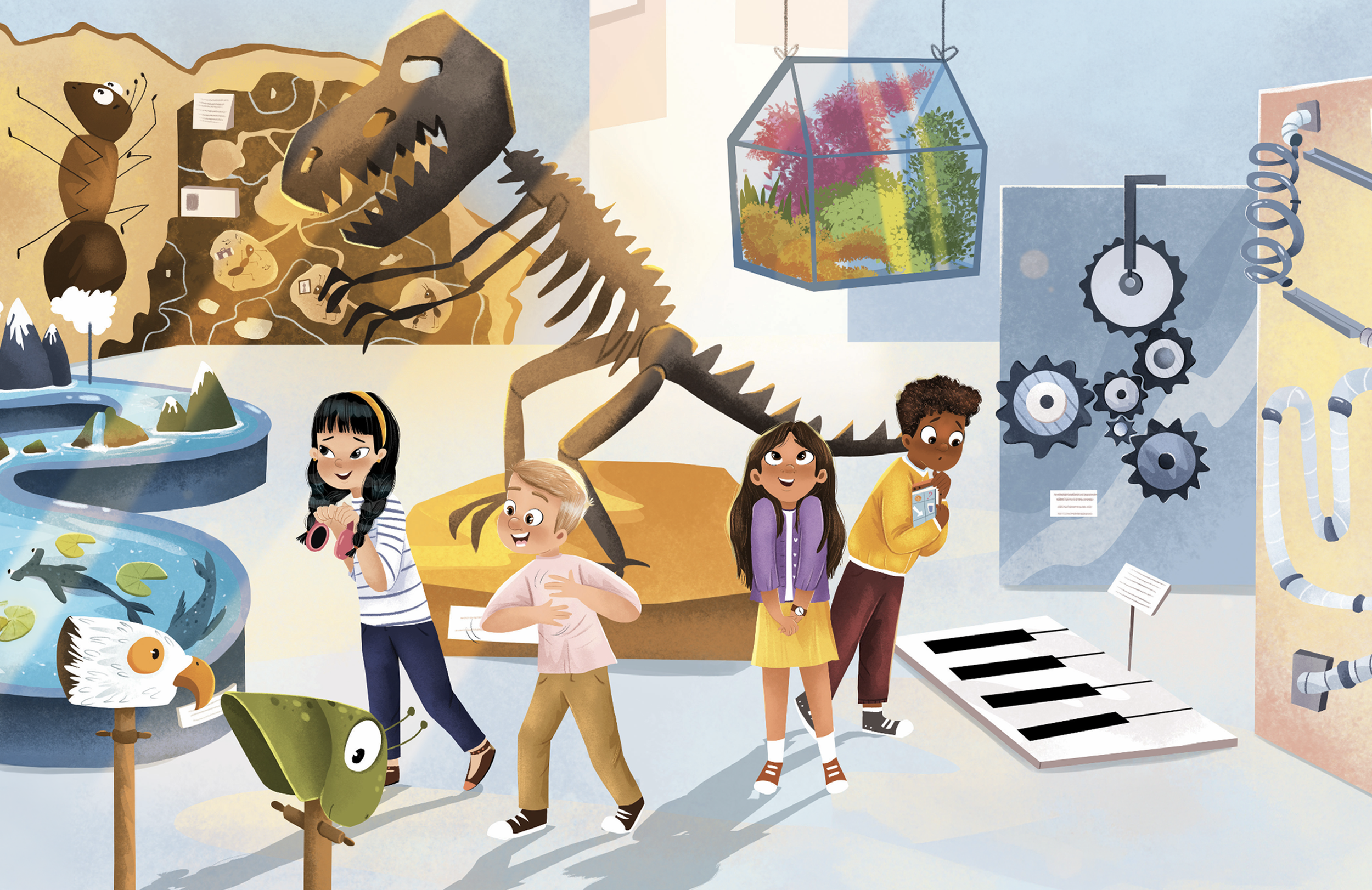 Children and cartoon animals in a science museum exhibit with dinosaurs, aquatic animals, and machinery.