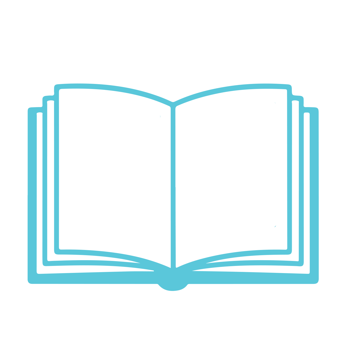 Outline drawing of an open book with visible pages, depicted in blue.