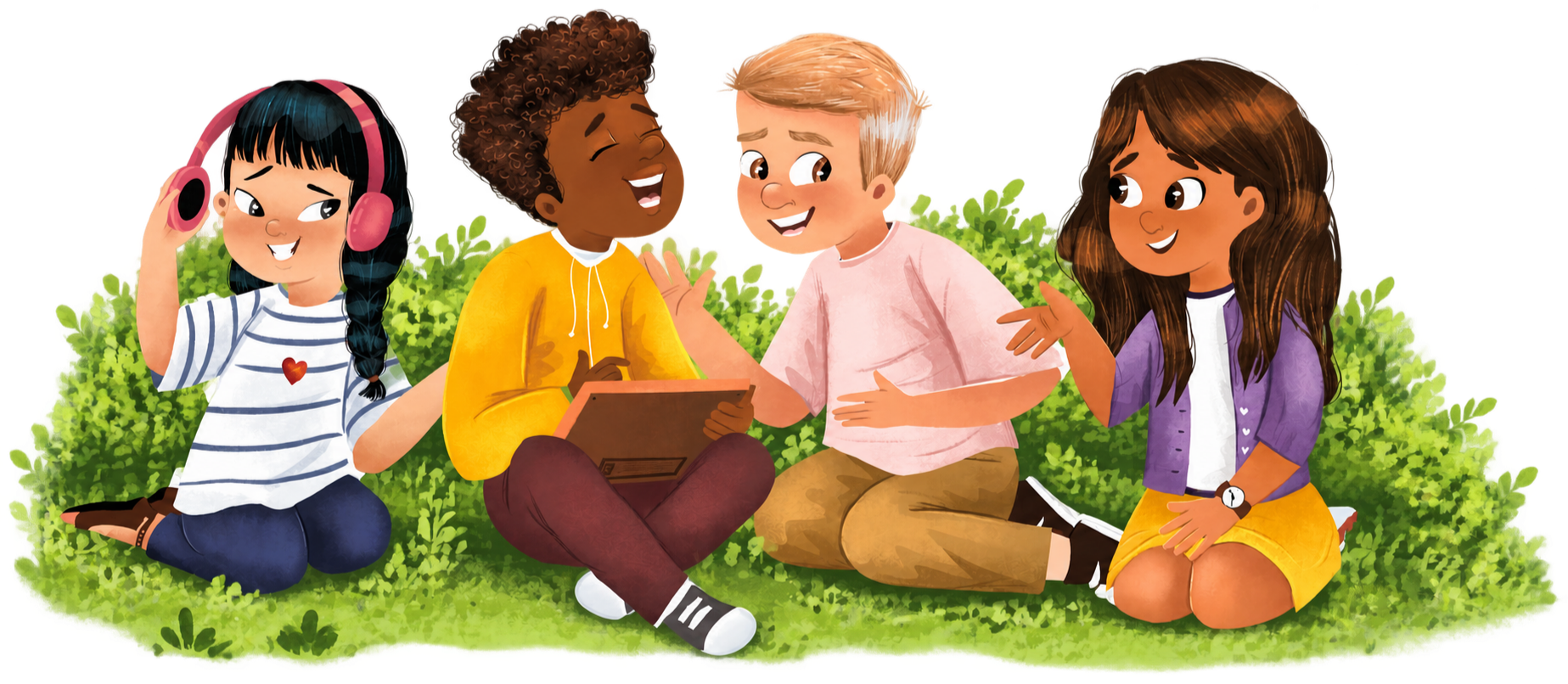Four children sitting on grass, smiling and interacting, with one girl wearing headphones, a girl with curly hair, a boy with blond hair, and a girl with long brown hair.