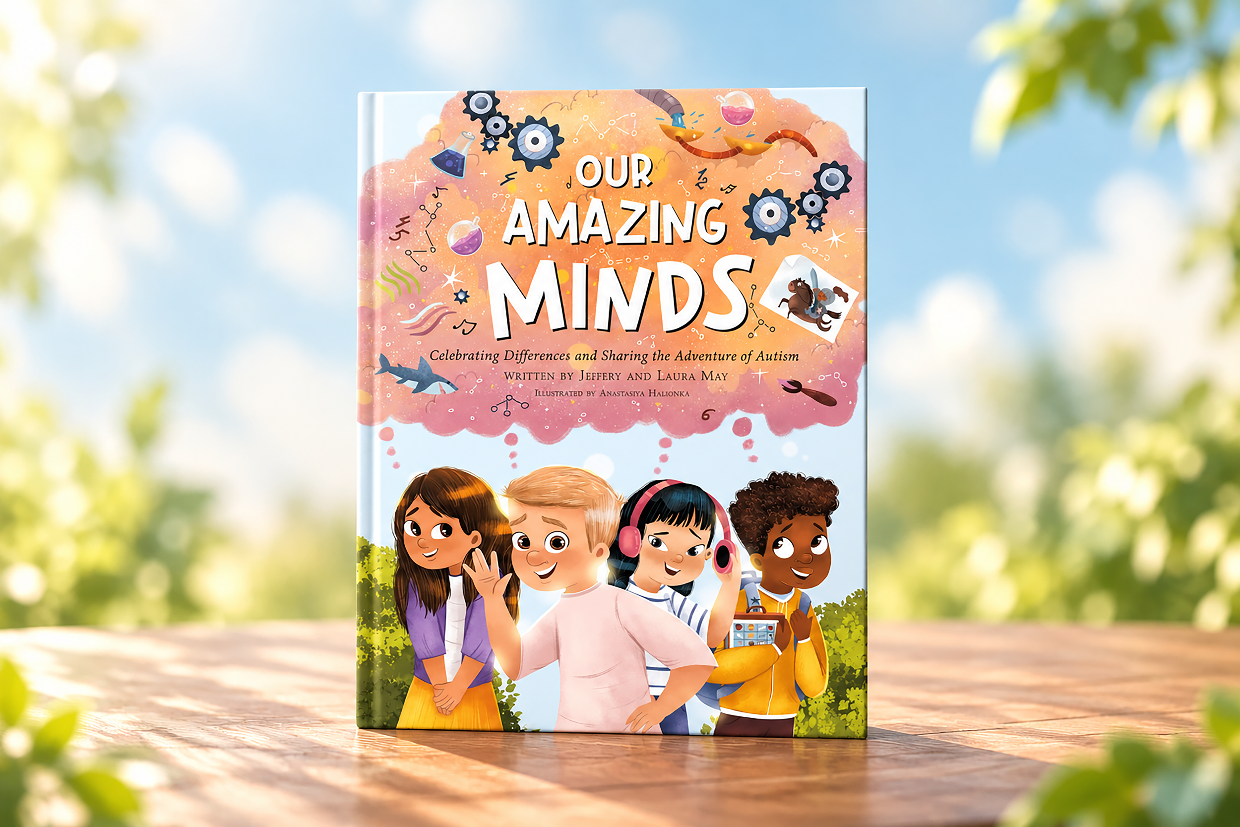 The cover of a children's book titled "Our Amazing Minds" features four children standing outside with smiling faces, surrounded by colorful illustrations of science and discovery, such as gears, test tubes, and chemical structures.