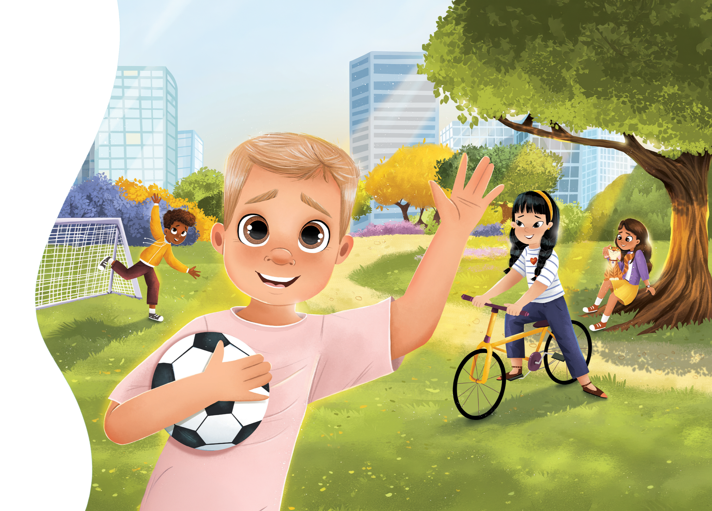 Children playing soccer and riding bikes in a park with trees and city buildings in the background.