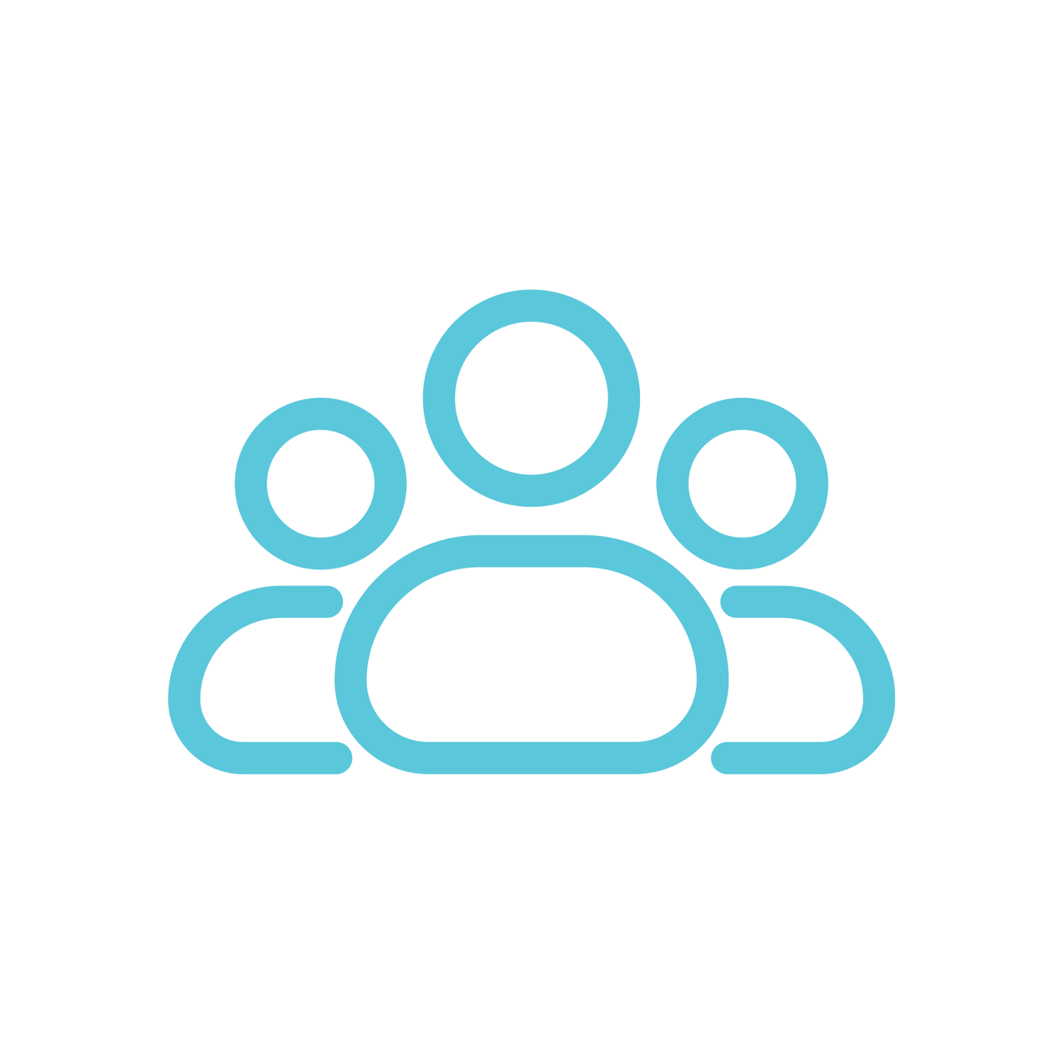 Icon representing a group of people in blue outline on a black background.
