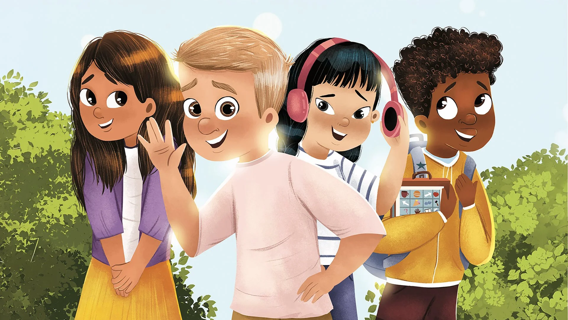 Illustration of four diverse children outdoors surrounded by greenery, smiling and showing different expressions.