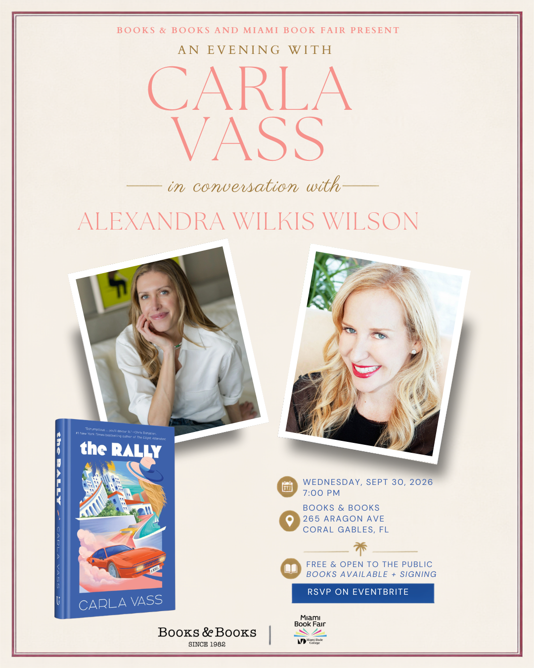 Carla Vass in conversation with Alexandra Wilkis Wilson, September 30, 2026, at Books & Books, Miami — event poster for The Rally book launch.