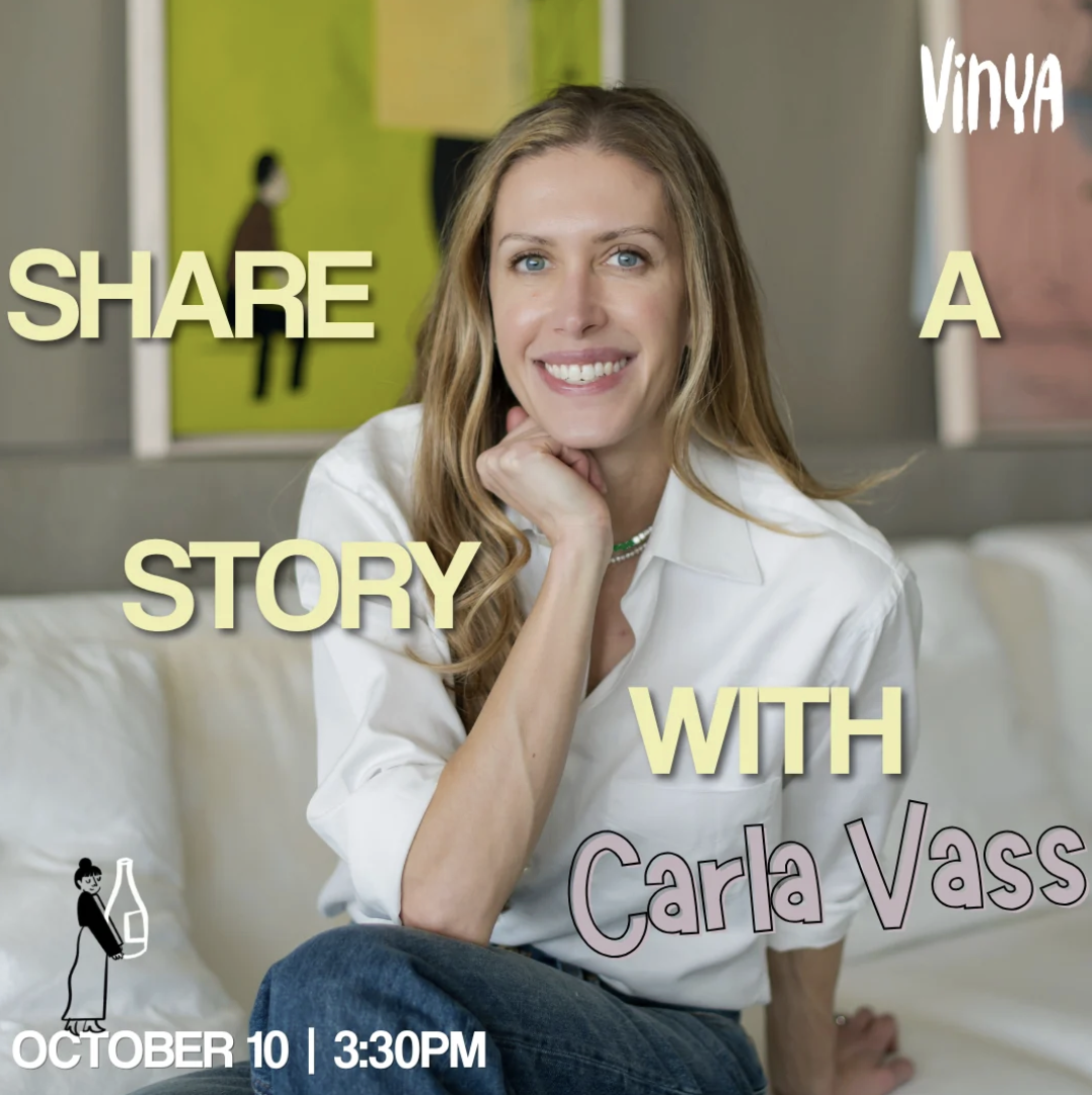 Share a Story with Carla Vass — author event on October 10 at 3:30 PM at Vinya in Key Biscayne, Miami FL. Carla Vass, author of The Rally, smiling in a white blouse against colorful artwork.