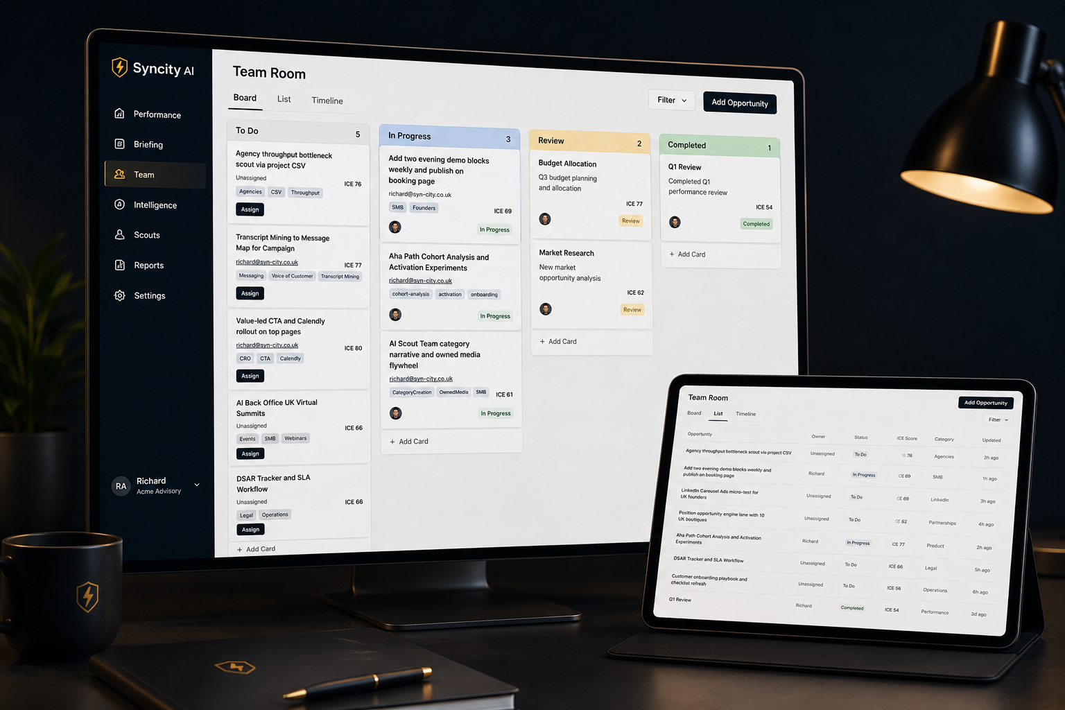 Displays a desktop monitor and tablet screen showing a project management app called Synctiy AI with a team task board. The monitor shows a dark-themed task board with columns labeled To Do, In Progress, Review, and Completed, each containing various tasks with labels and progress status. The tablet shows a list view of the same project tasks with details like owner, status, ICT score, category, and last updated time. There is a black desk lamp, a black coffee mug with a lightning bolt logo, a closed notebook, and a pen on a dark desk.