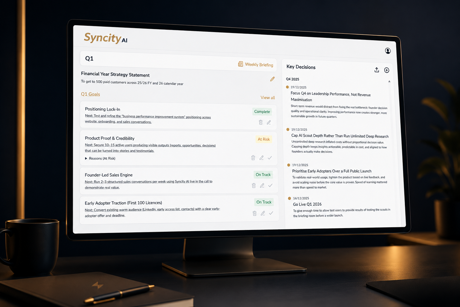 A computer monitor displays a project management dashboard with tasks and key decisions for Q1, titled 'Synctity AI', set on a desk with a black coffee mug, a closed notebook with a pen, and a small potted plant in the background.