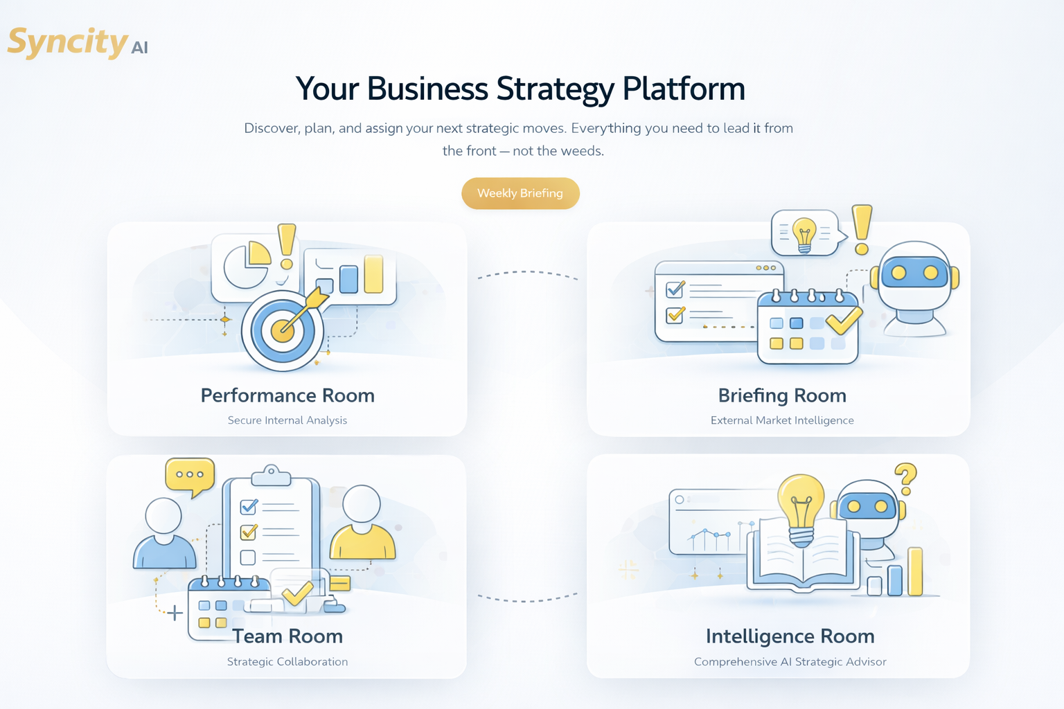 Screenshot of a business strategy platform homepage with four sections: Performance Room, Briefing Room, Team Room, and Intelligence Room, each with icons representing analysis, communication, collaboration, and AI intelligence.
