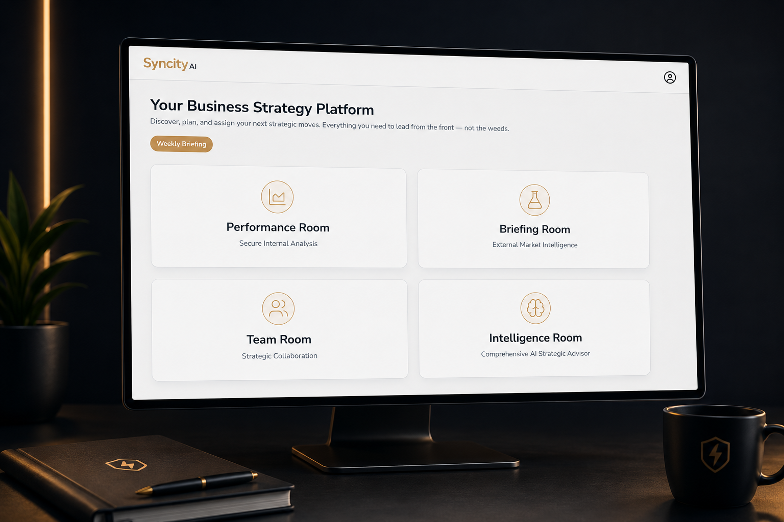 Computer monitor displaying a business strategy platform called 'Syncity AI' with four options: Performance Room, Briefing Room, Team Room, and Intelligence Room, on a desk with a black notebook, pen, plant, and a black coffee mug.